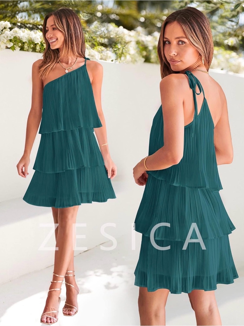 Zesica Teal One-Shoulder Tiered Pleated Dress NWOT